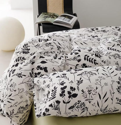 Botanical Comforter Set Cal King White Black Floral Plant Bedding Comforter Girls Garden Pattern Printed White Blanket Rustic Leaf Blossom Women White Farmhouse Comforter California King