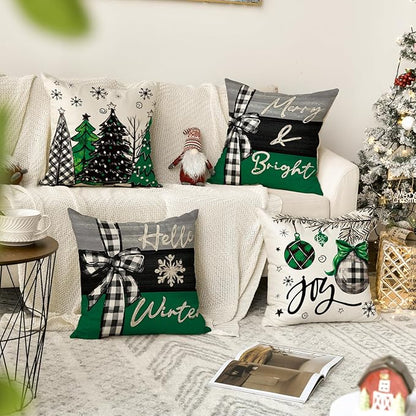 AVOIN colorlife Merry Christmas Joy Xmas Trees Green Throw Pillow Covers, 18 x 18 Inch Christmas Winter Holiday Cushion Case Decoration for Sofa Couch Set of 4