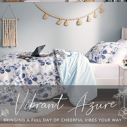 Codi Floral Twin Comforter Set for Teen Girls, Spring Lavender Bedding Sets with Soft Seersucker 2pcs - 1 Flower Comforters and 1 Pillows Case, Blue