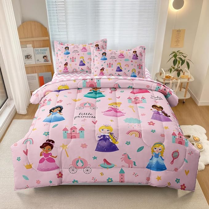 Kids Magical Princess Comforter Set Bed in a Bag Full Size- 5 Piece Soft Cute Castle Bedding Set for Girls (1 Comforter, 1 Flat Sheet, 1 Fitted Sheet, 2 Pillowcases), Pink