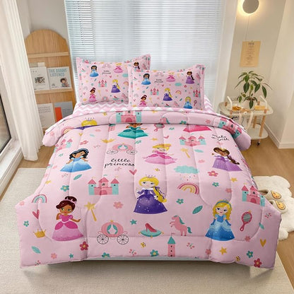 Kids Magical Princess Comforter Set Bed in a Bag Full Size- 5 Piece Soft Cute Castle Bedding Set for Girls (1 Comforter, 1 Flat Sheet, 1 Fitted Sheet, 2 Pillowcases), Pink