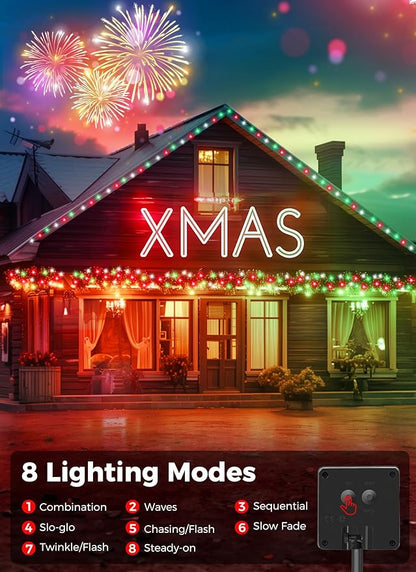 Minetom Solar Christmas Lights Outdoor Waterproof, 40FT 100 LED Solar Lights with 8 Modes, Solar Christmas Outdoor Decoration, Solar String Lights for Outside House Tree Party Yard, Red Green & White