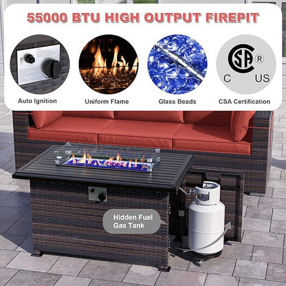 Patio Furniture Sectional Sofa 10 Pieces PE Rattan Patio Conversation Set w/43in Gas Fire Pit Table, Outdoor Furniture with 55000 BTU Propane Fire Pit, Red