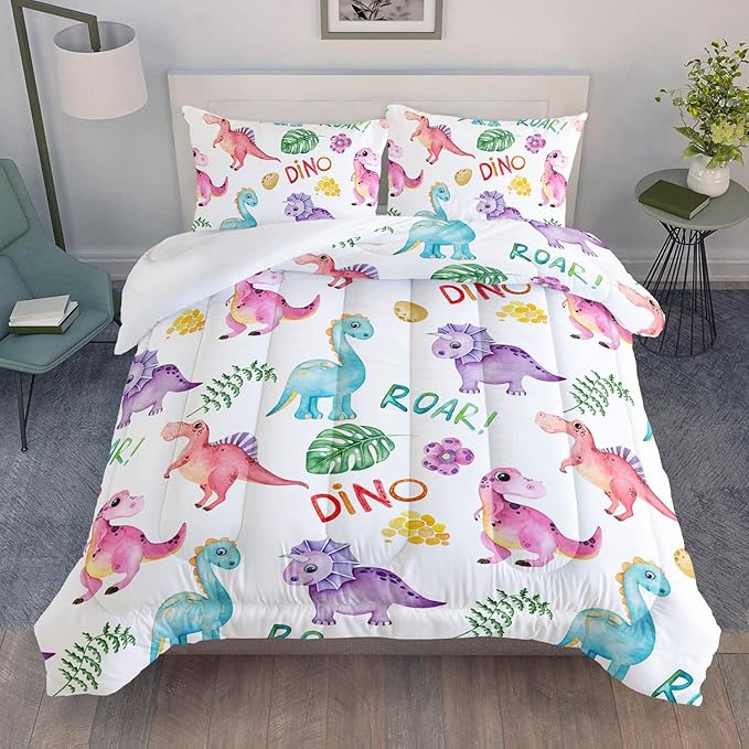 Cartoon Dinosaur Comforter Set Twin 3Pc Kawaii Dinosaur Bedding Set All Season with Tree, Leaf Decoration includes 1 Comforter, 2 Pillowcases for Kids Girls Teens