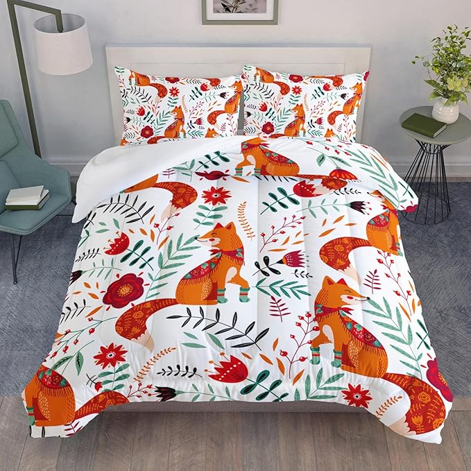Cartoon Fox Comforter Set 3-Pieces Cute Fox Bedding Set Plants Leaves Printed Quilt Set for Kids Boys Girls with 2 Pillowcases Twin