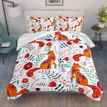 Cartoon Fox Comforter Set 3-Pieces Cute Fox Bedding Set Plants Leaves Printed Quilt Set for Kids Boys Girls with 2 Pillowcases Twin