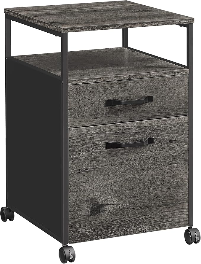 VASAGLE File Cabinet, Mobile Filing Cabinet with Wheels, 2 Drawers, Open Shelf, for A4, Letter Size, Hanging File Folders, Charcoal Gray and Black UOFC071B04