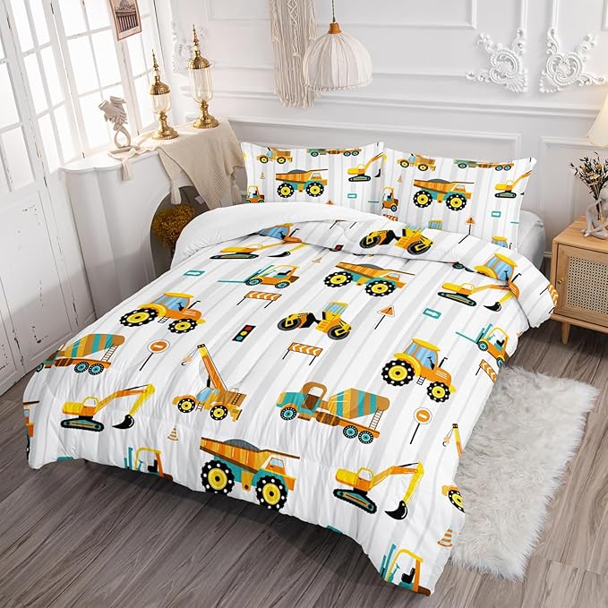 Axolotl Yellow Excavator Comforter Set Full Size,Cartoon Excavator Bedding Set,Kids Machinery Truck Comforte Set,White Stripe Bedding Vehicle Car Decor for Kids Boys Teens,1 Quilt 2 Pillowcases