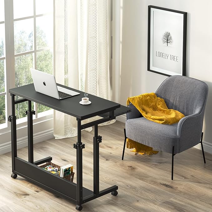 Tribesigns Portable Desk for Sofa and Bed, Height Adjustable Mobile Laptop Table Small Standing Desk Rolling Computer Cart with Keyboard Tray on Wheels for Home Office (Black)
