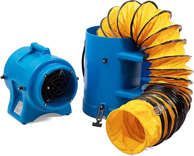 MOUNTO 8inch 1/3hp High Pressure Axial Blower Fan for Ventilation w/ 25ft hoses and canister