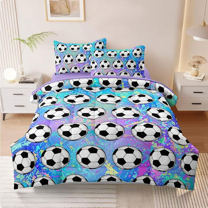 4 Piece Girls Soccer Bedding Set Twin Size Colorful Soccer Comforter Set for Teen Girls Kids Twin Bed in a Bag Set with Sheets Twin Bed Sets for Teenage