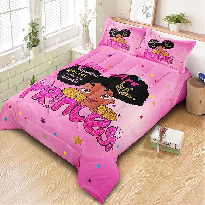 Kids Twin Bedding Set for Girls, Princess Comforter Set Twin, Black Girl Bed Set, Pink Teens Kids Daybed Quilt Set with 1 Comforter and 2 Pillow Cases