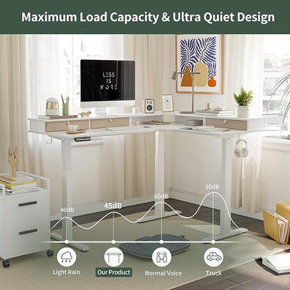 FEZIBO Triple Motor 63" L Shaped Standing Desk with 3 Drawers, Electric Standing Gaming Desk Adjustable Height, Corner Stand up Desk with Splice Board, White Frame/White Top