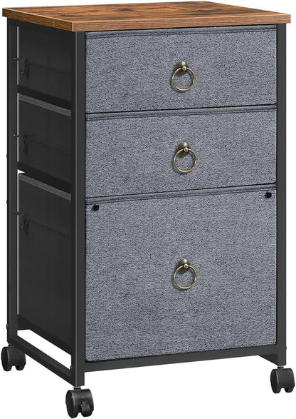 HOOBRO 3-Drawer Mobile File Cabinet, Vertical Filing Cabinet, Office Cabinet, Filing Cabinet for Home Office, Rolling Printer Stand, A4/Letter-Sized, Nonwovens Drawer, Rustic Brown and Gray BFG30WJ01