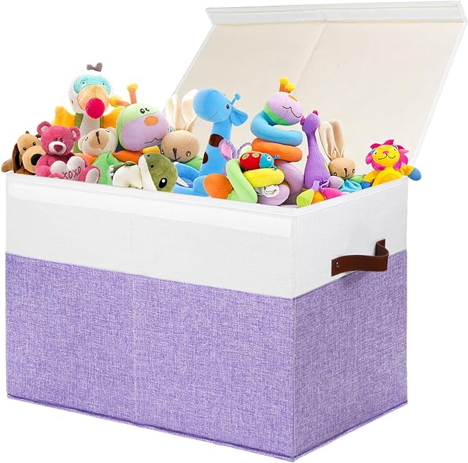 Large Toy Storage Box with Lid, Sturdy Toys Storage Chest Bin Organizer Basket with Dividers for Kids, Boys, Girls, Nursery, Closet, Bedroom, Playroom 25"x13" x16" (Purple and White)