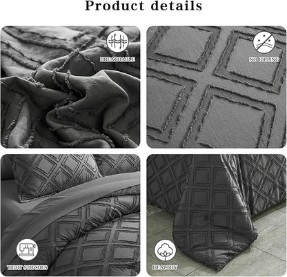 7 Pieces Tufted Bed in a Bag King Comforter Set with Sheets Dark Grey, Soft and Embroidery Shabby Chic Boho Bohemian, Luxury Solid Color with Diamond Pattern, Jacquard Tufts Bedding Set for All Season