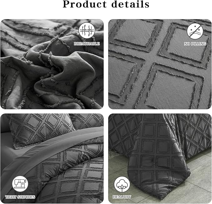 7 Pieces Tufted Bed in a Bag Queen Comforter Set with Sheets Dark Grey, Soft and Embroidery Shabby Chic Boho Bohemian, Solid Color with Diamond Pattern, Jacquard Tufts Bedding Set for All Season