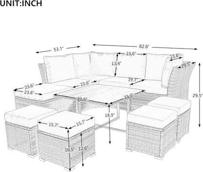 9 Piece Patio Furniture Set with Solid Wood Coffee Table and Ottomans, Rattan Modular Outdoor Sectional Conversation Sofa, for Garden Backyard, Onesize, Beige