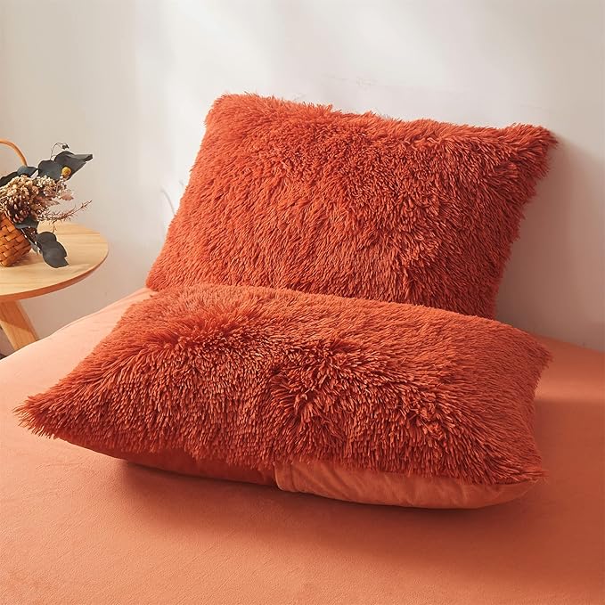 Fluffy Orange Comforter Cover Set Queen - Ultra Soft Plush Burnt Orange Bedding Sets 3 Pieces (1 Faux Fur Duvet Cover + 2 Faux Fur Pillow case) Boho Orange Queen Bed Sets (Dark Orange, Queen)