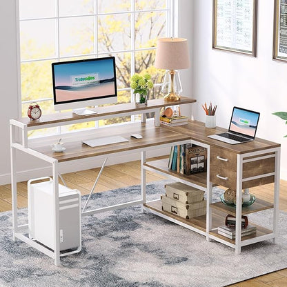 Reversible L-Shaped Computer Desk with hutch & Shelf,white