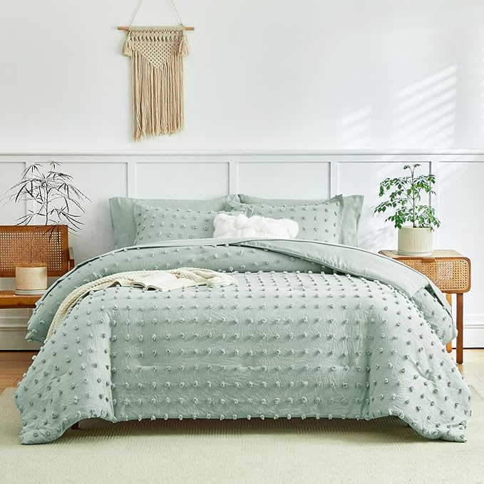 6 Pieces Tufted Dots Bed in a Bag Twin Comforter Set with Sheets Green , Soft and Embroidery Shabby Chic Boho Bohemian Comforters, Solid Color with Pom Pom Design, Jacquard Tufts Bedding Set for Kids