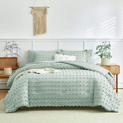 6 Pieces Tufted Dots Bed in a Bag Twin Comforter Set with Sheets Green , Soft and Embroidery Shabby Chic Boho Bohemian Comforters, Solid Color with Pom Pom Design, Jacquard Tufts Bedding Set for Kids