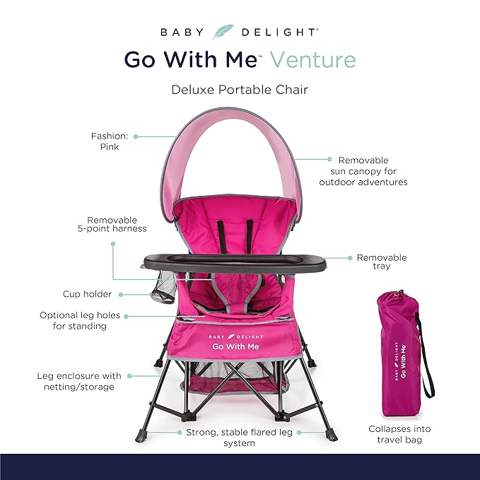 Baby Delight Go with Me Venture Portable Chair | Indoor and Outdoor | Sun Canopy | 3 Child Growth Stages | Pink