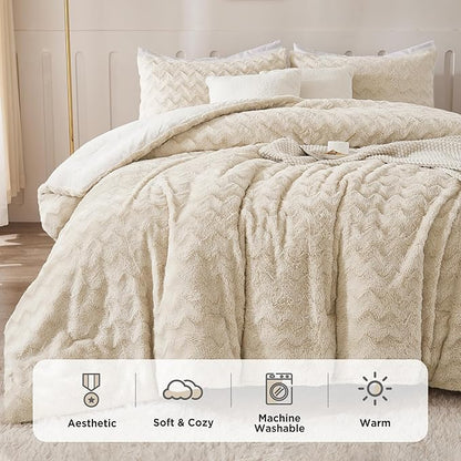 Andency Beige Fleece Comforter Set Full, 3 Pieces Fuzzy Shaggy Faux Fur Bedding Comforter Set, Warm Soft Plush Fluffy Sherpa Bed Comforter Set for Winter