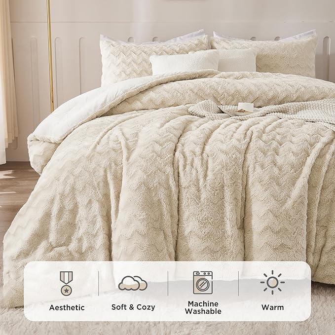 Andency Beige Fleece Comforter Set Queen Size, 3 Pieces Shaggy Faux Fur Bedding Comforter Set for Queen Bed, Fuzzy Plush Warm Sherpa Bed Comforter Set for Women Man