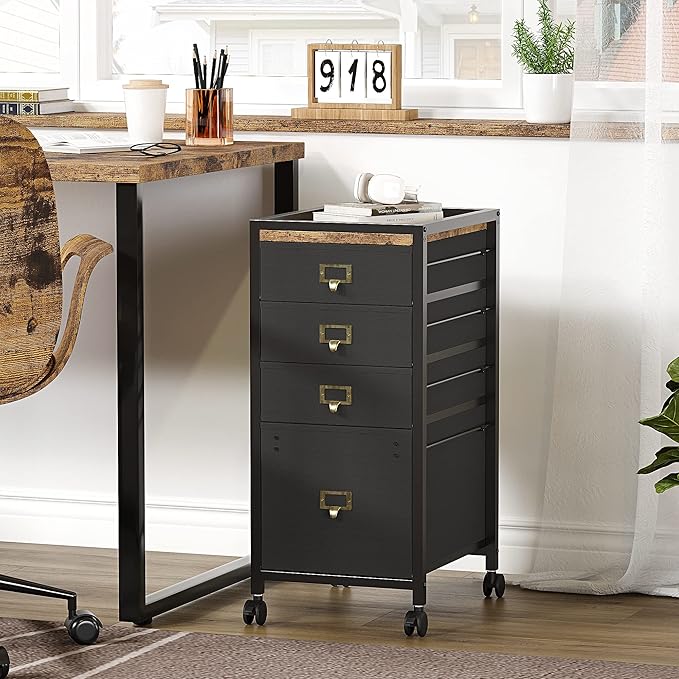 Vertical Mobile Filing Cabinet Fits A4 or Letter Size, Rustic Black