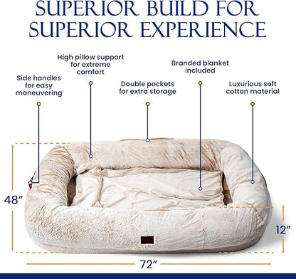 Human Dog Bed for Adult - Giant Dog Bed for Humans – Fluffy with Washable Cover, Nonslip, Waterproof Lining, Storage Pockets, Soft blanket – Ideal for Adults and Kids, Sized to Fit Small to Large Pets