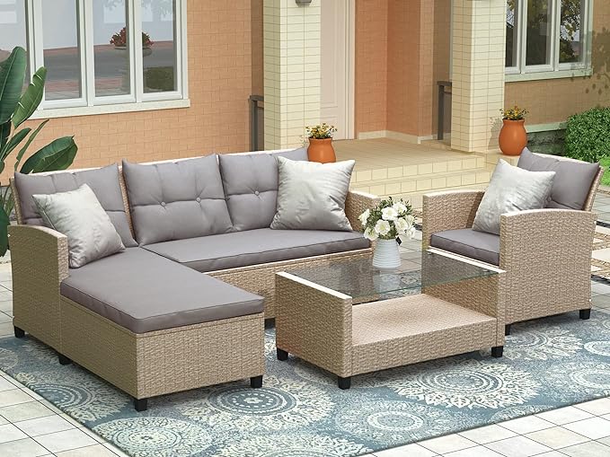 4 Piece Outdoor Patio Furniture Set, Sectional Conversation All-Weather Grey PE Wicker w/Seat Cushions for Backyard Porch Garden Poolside Balcony, Onesize, Oc-Gray