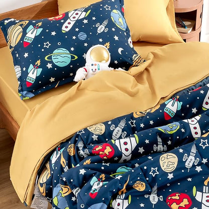 SLEEP ZONE Kids Bedding Comforter Set Full/Queen Size - Super Cute & Soft Kids Bedding 7 Pieces Set with Comforter, Sheet, Pillowcase & Sham (Rocket Galaxy)