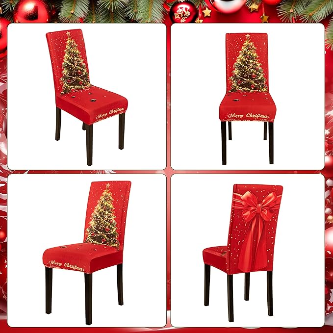 6PCS Christmas Dining Chair Covers Stretch Removable Washable Dining Room Chair Protector Slipcover 3D Print Xmas Tree Bow Tie Kitchen Chair Cover Slipcovers for Xmas Holiday Party Home Décor