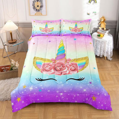 Unicorn Bedding Twin for Girls, Colorful Rainbow Comforter Set with Pink Unicorn Bedding Comforter, Cute Bed Set for Kids Teens, Ultra Soft and Fluffy
