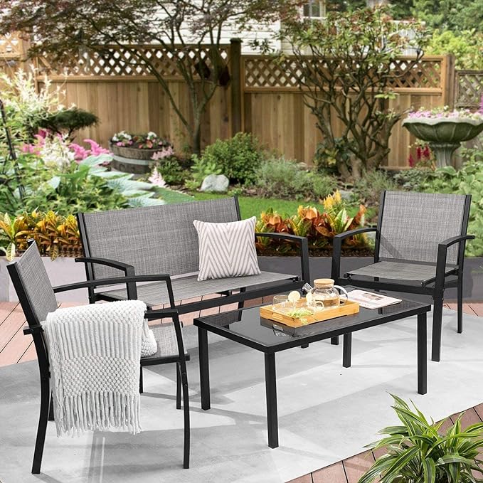 Greesum 4 Pieces Patio Furniture Set, Outdoor Conversation Sets for Patio, Lawn, Garden, Poolside with A Glass Coffee Table, Gray