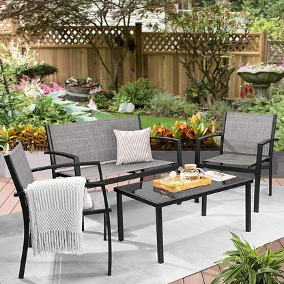 Greesum 4 Pieces Patio Furniture Set, Outdoor Conversation Sets for Patio, Lawn, Garden, Poolside with A Glass Coffee Table, Gray