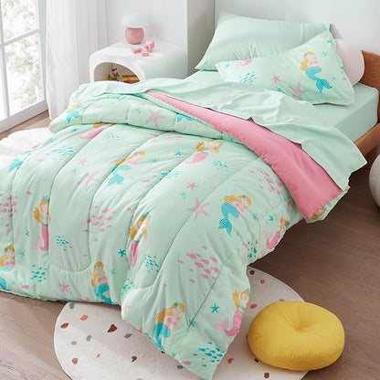 SLEEP ZONE Kids Bedding Comforter Set, Cute Pattern & Super Soft 2 Pieces Bedding Sets, All Season for Girls, 1 Comforter, 1 Pillowcase, Fade Resistant (Mermaid Princess, Twin)