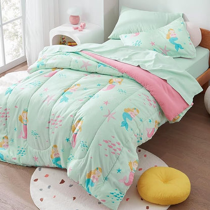SLEEP ZONE Kids Twin Bedding Comforter Set - Super Cute & Soft Kids Bedding 5 Pieces Set with Comforter, Sheet, Pillowcase & Sham (Mermaid Princess)