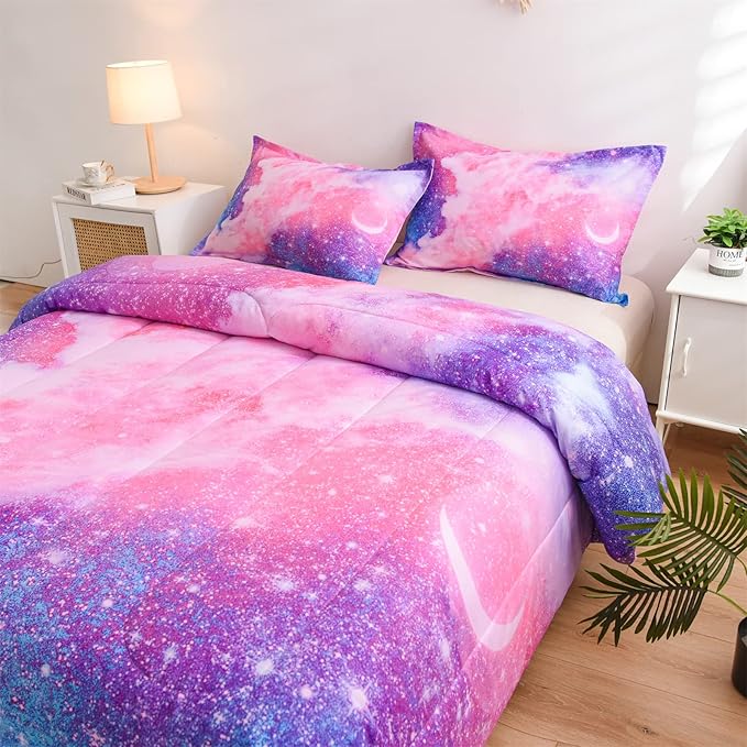 A Nice Night Galaxy Bedding Sets Outer Space Comforter 3D Printed Space Quilt Set King Size Glitter Pink Color,for Children Boy Girl Teen Kids
