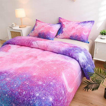 A Nice Night Galaxy Bedding Sets Outer Space Comforter 3D Printed Space Quilt Set King Size Glitter Pink Color,for Children Boy Girl Teen Kids