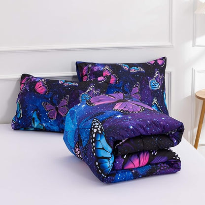 Btargot 3 Piece Butterfly Pattern Girls Comforter Set with 2 Pillow Covers, Galaxy Outer Space Printed Bedding Set for Women, Queen Purple Blue