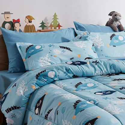 SLEEP ZONE Kids Bedding Comforter Set Full/Queen Size - Super Cute & Soft Kids Bedding 7 Pieces Set with Comforter, Sheet, Pillowcase & Sham (Little Fish)