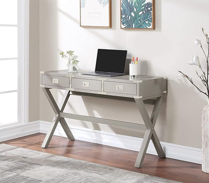 OSP Home Furnishings Wellington 46-Inch Writing Desk with Power Hub and 3 Storage Drawers, Grey