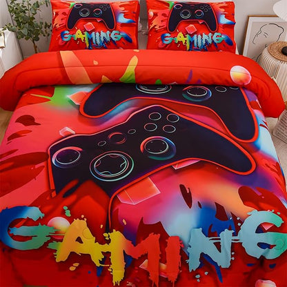 Aimuan Gaming Comforter Sets for Boys Kids Bedding Sets Video Games Console Action Buttons Novelty Colorful Game Gamepad Controller Modern Gamer Room Decor Home Quilt Set (Queen, Red)