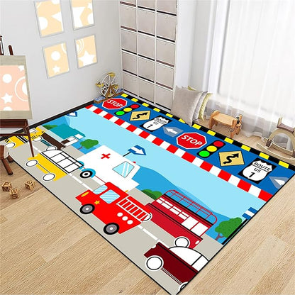 Cartoon Ambulance Car Area Rug Car Carpet for Kids Play Rug for Cars and Trucks Car Rug Play Mat Car Track Rug Truck Rugs for Boys Room Rugs for Boys Bedroom,Light Blue 3'×5'