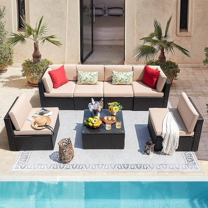 ClawsCover 14Pack Outdoor Patio Seat and Back Cushions Replacement Covers Fit for 7Pieces 6-Seater Wicker Rattan Sectional Couch Chair Furniture Set,Light Khaki-Include Cover Only (Large)