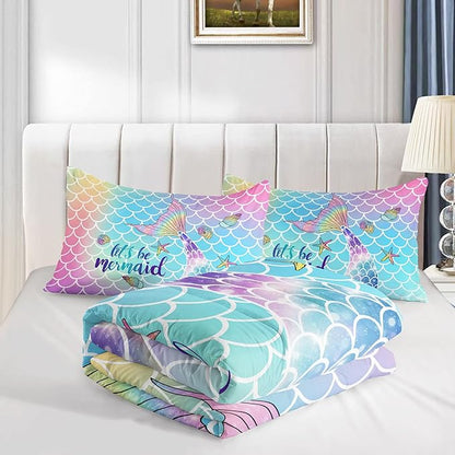 Datura home Bedding Comforter Set Rainbow Scales Mermaid Printed Pattern Bedding Set with 1 Comforter and 2 Pillowcases for Girls Bedroom All Season(Rainbow Scales Mermaid Twin), 68x86inches