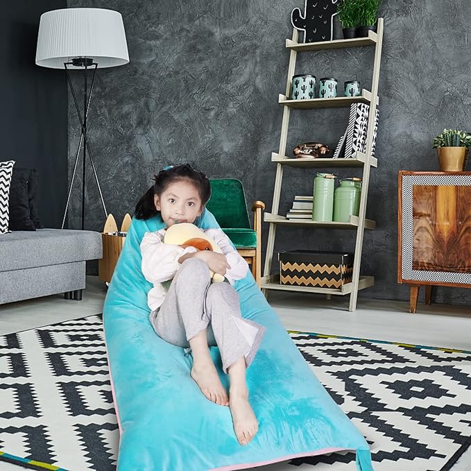 Stuffed Animal Storage Bean Bag Chair Cover, Velvet Pink Lake Blue Plush Toy Storage Stuff and Sit Seat for Kids/Teens/Adults, 52" x 31" Extra Large Triangle Floor Sofa, 200L/52Gal, Cover Only