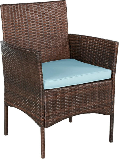 BTEXPERT Space Saving Outdoor Wicker Conversation 3 Piece Bistro Set Garden Patio Yard Porch Furniture Pe Rattan Two Chairs Cushions Side Storage Table Brown/Aqua Blue, OneSize
